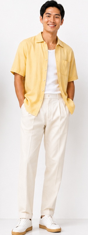 Effortless Summer Casual Yellow Linen Shirt and Cream Pleated Trousers