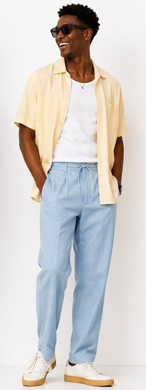Effortless Summer Casual Yellow Linen Shirt and Light Blue Drawstring Pants