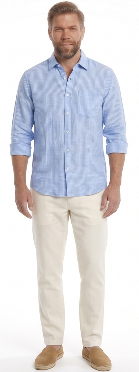 Effortless Summer Style with Blue Striped Linen Shirt and Cream Chinos