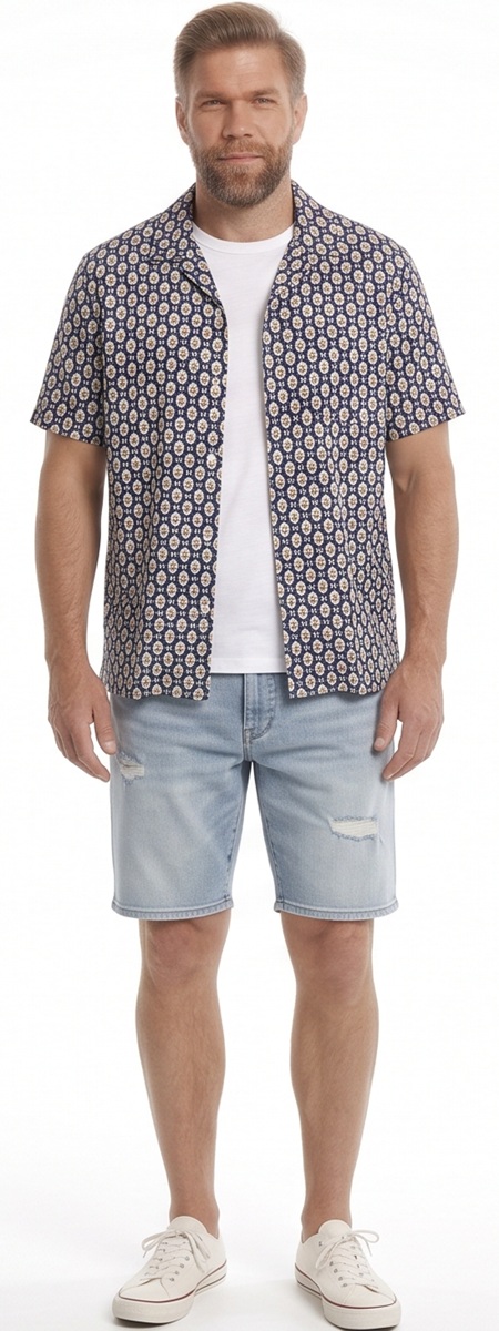 Effortless Summer Vibe with Geometric Patterned Camp Shirt and Denim Shorts