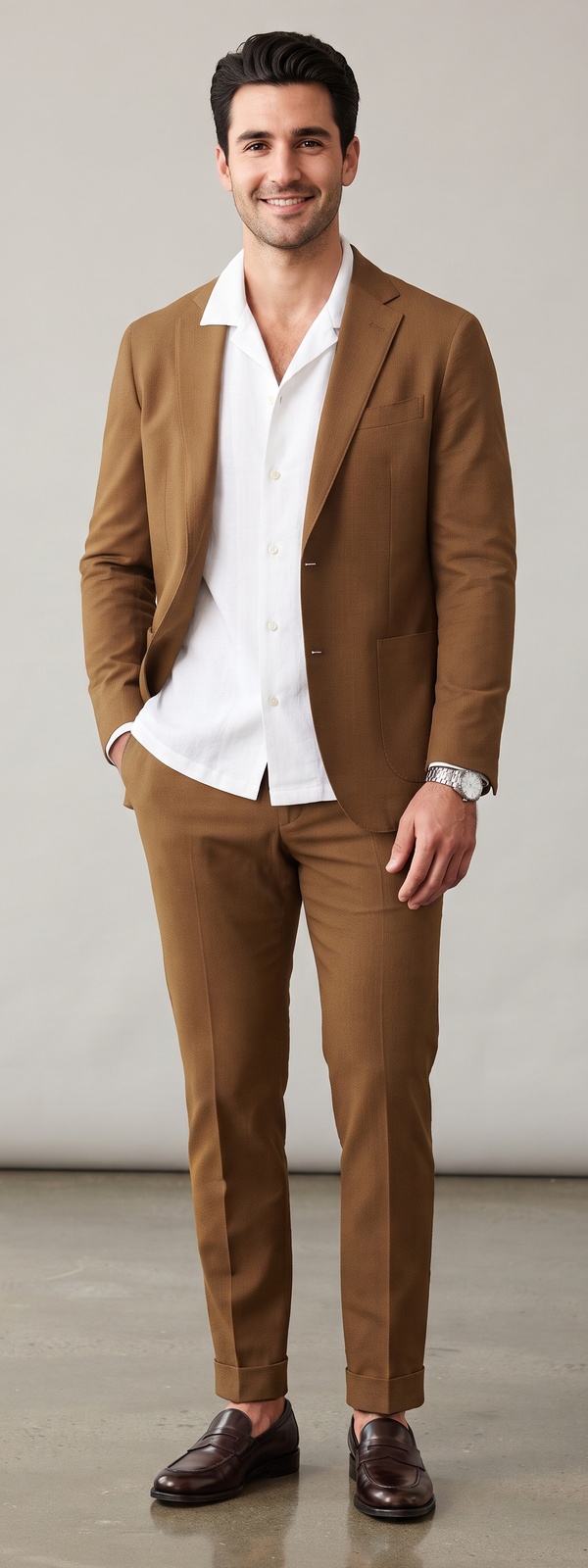 Effortless Tobacco Brown Suit with White Linen Camp Collar Shirt