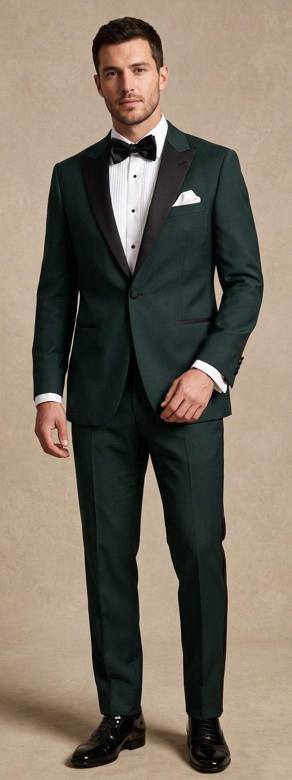 Sophisticated Emerald Green Tuxedo Suit with Black Satin Peak Lapels Look