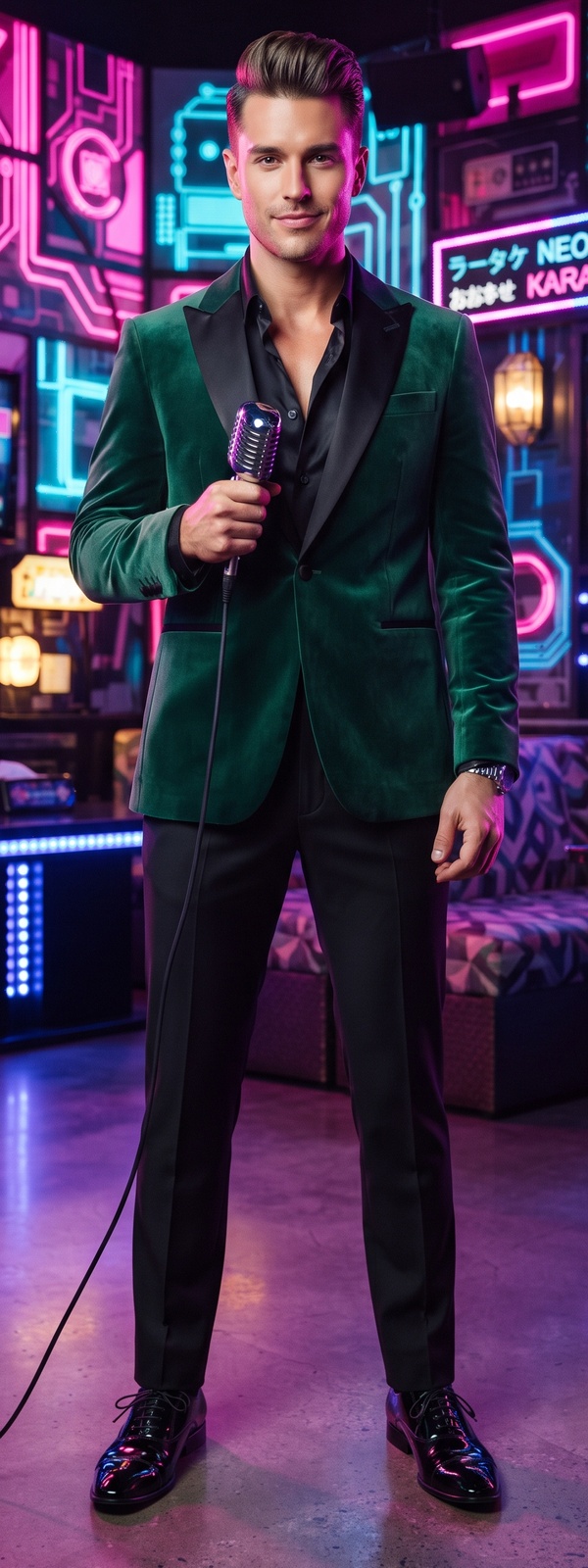 Emerald Velvet Dinner Blazer and Black Tuxedo Pants Neon Karaoke Look