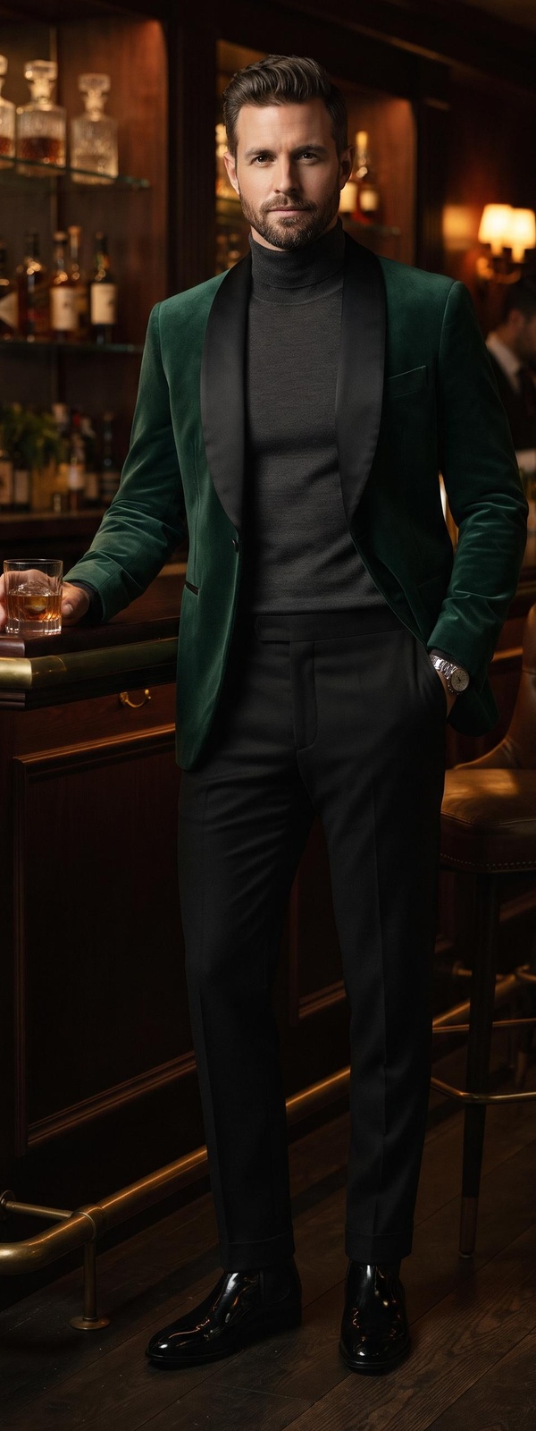 Emerald Velvet Tuxedo Jacket, Charcoal Turtleneck & Patent Boots