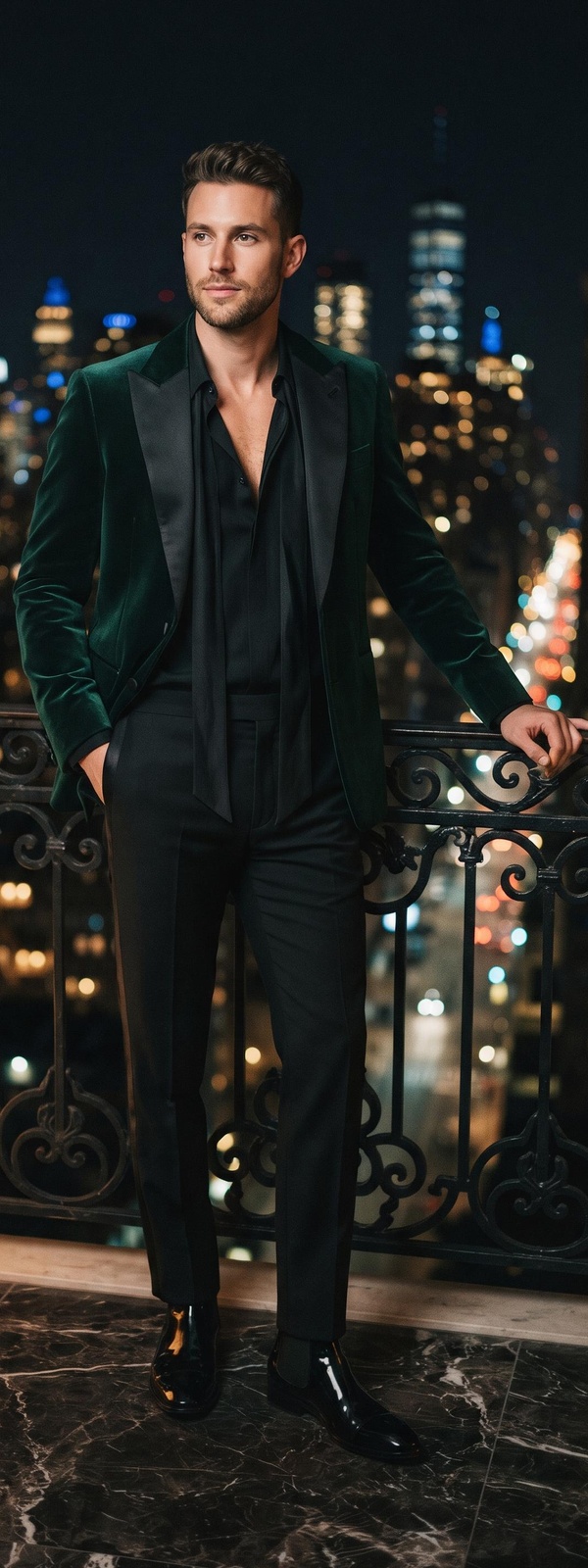 Emerald Velvet Tuxedo Jacket, Silk Lavallière & Patent Chelsea Boots