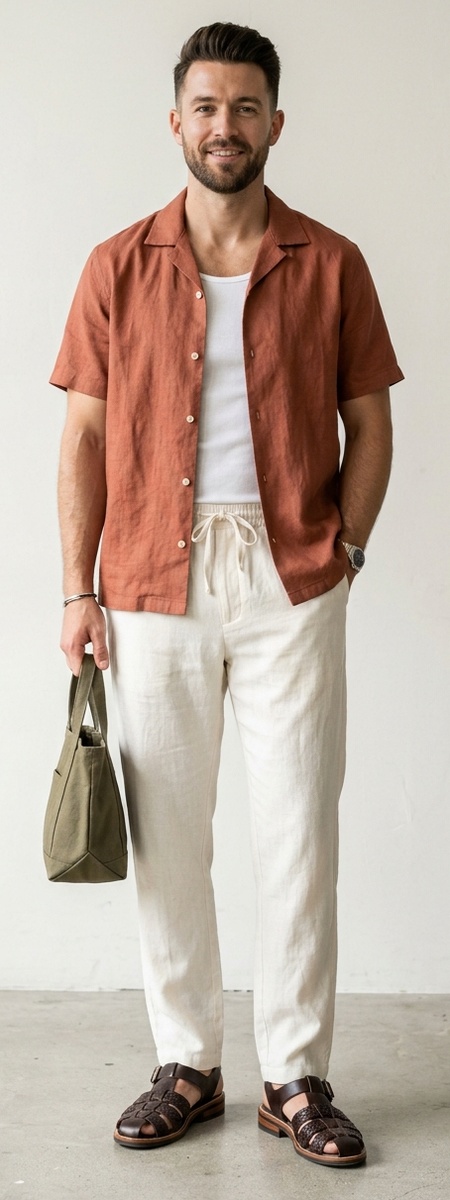 Espresso Leather Fisherman Sandals with Off-White Linen Pants and Terracotta Shirt