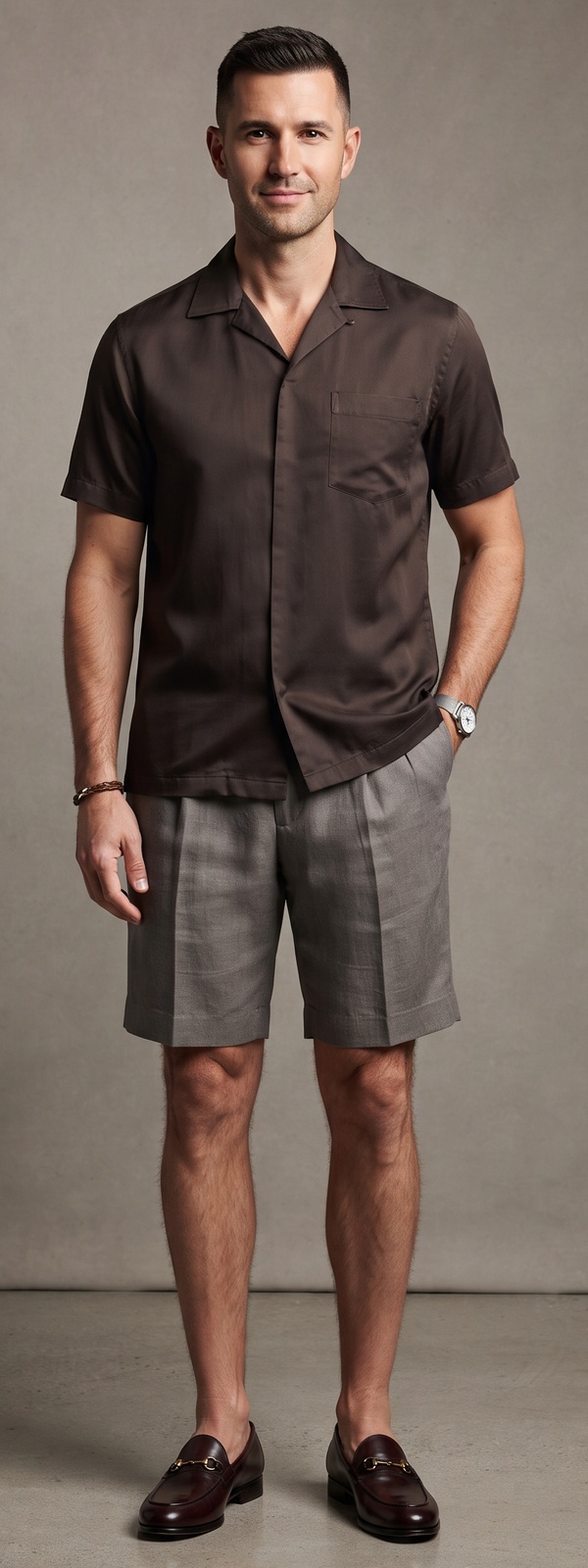 Espresso Silk Camp Shirt and Stone Pleated Shorts Summer Look