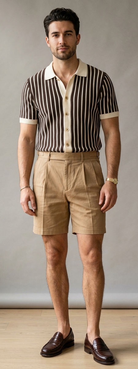 Espresso Brown Vertical Stripe Button-Through Knit Polo with Pleated Tan Chino Shorts
