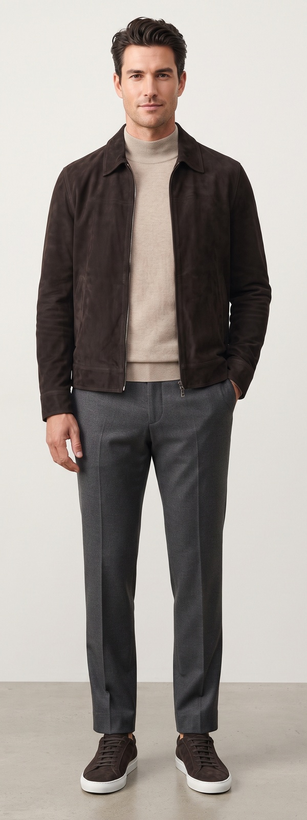 Quiet Luxury Espresso Brown Suede Jacket Oatmeal Mock Neck and Charcoal Pants Look