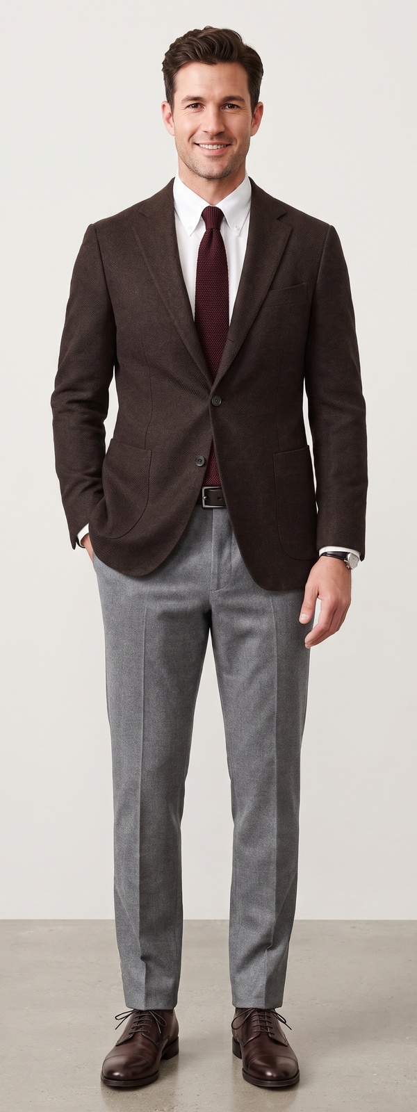 Refined Dark Academia Espresso Wool Blazer Burgundy Knit Tie and Flannel Dress Pants Look