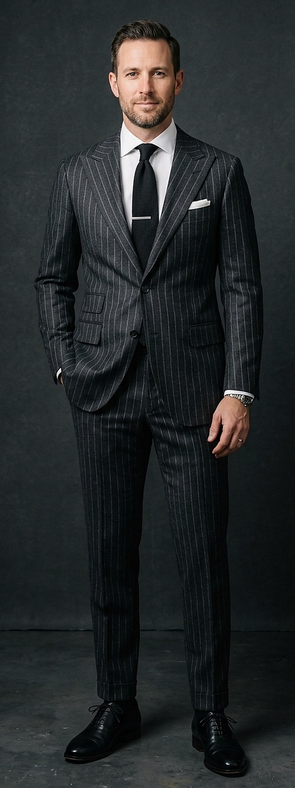 Executive Charcoal Chalkstripe Flannel Suit with Black Grenadine Tie and Cap Toe Oxfords