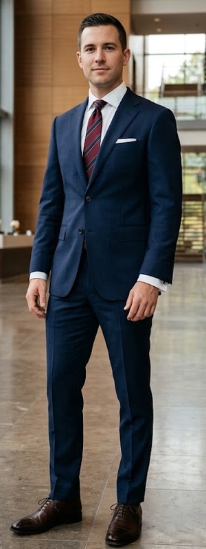Executive Business Formal Navy 2-Piece Suit with Striped Silk Tie Look