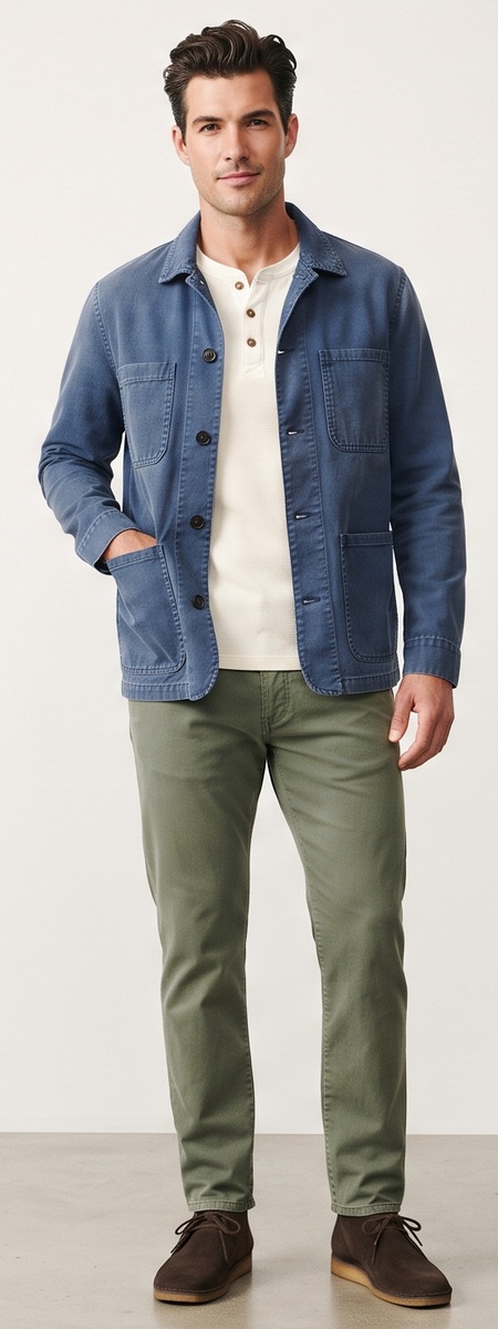 Rugged French Chore Jacket Cream Waffle Henley and Olive Chino Pants Look