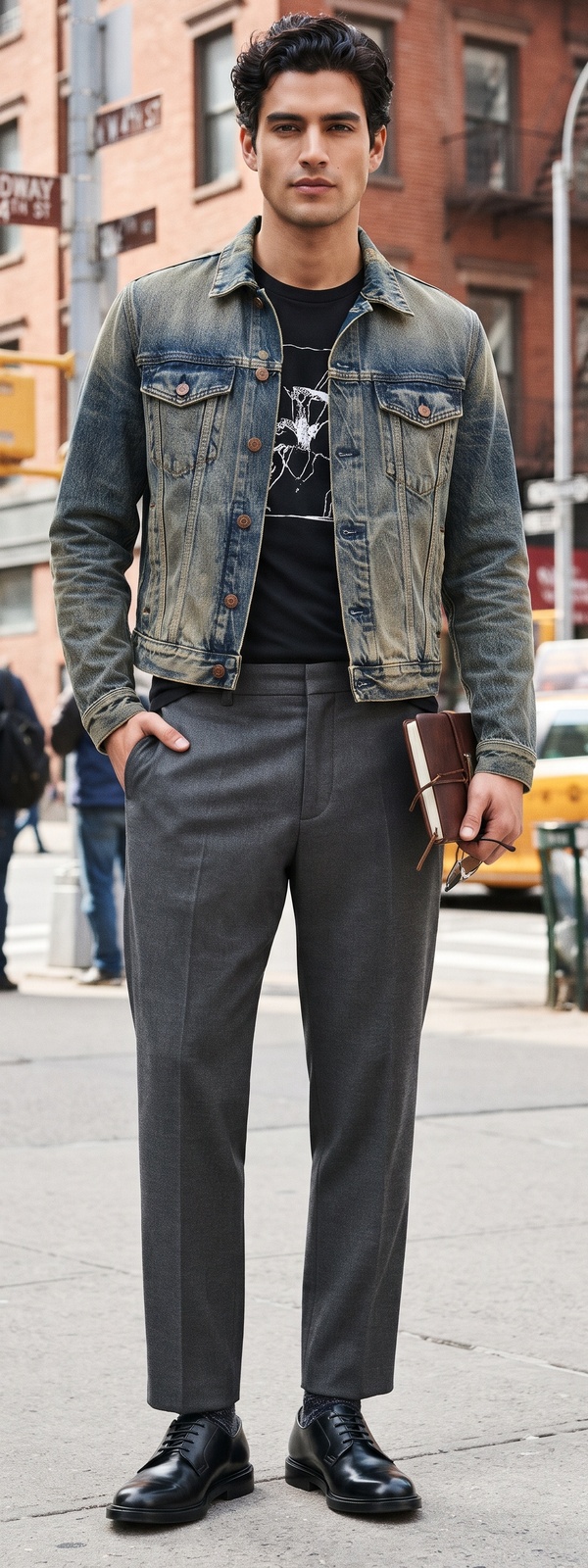 Faded Denim Trucker Jacket with Graphic Tee and Grey Trousers