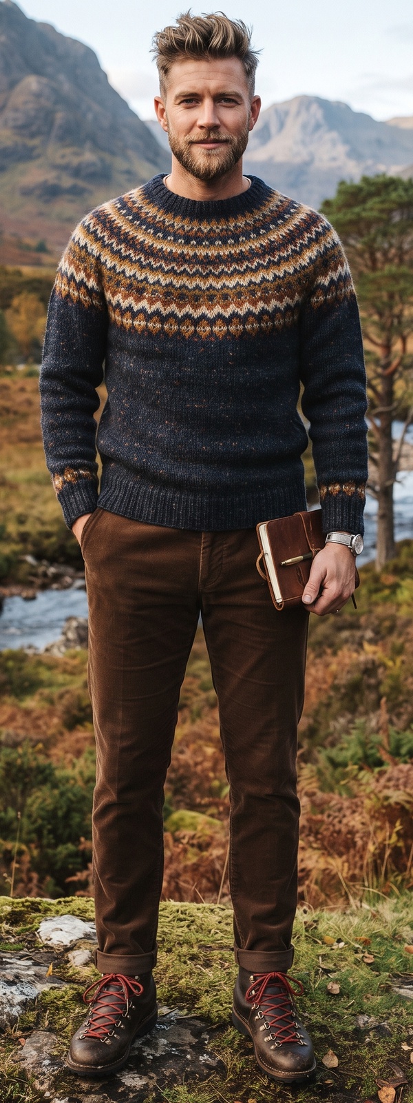 Scottish Highlands Fair Isle Wool Sweater and Corduroy Pants Look