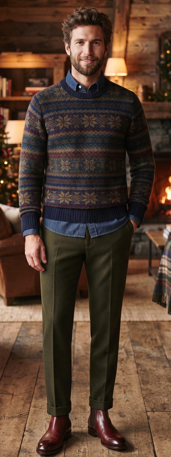 Cozy Cabin Fair Isle Wool Sweater with Chambray Shirt and Wool Pants Look