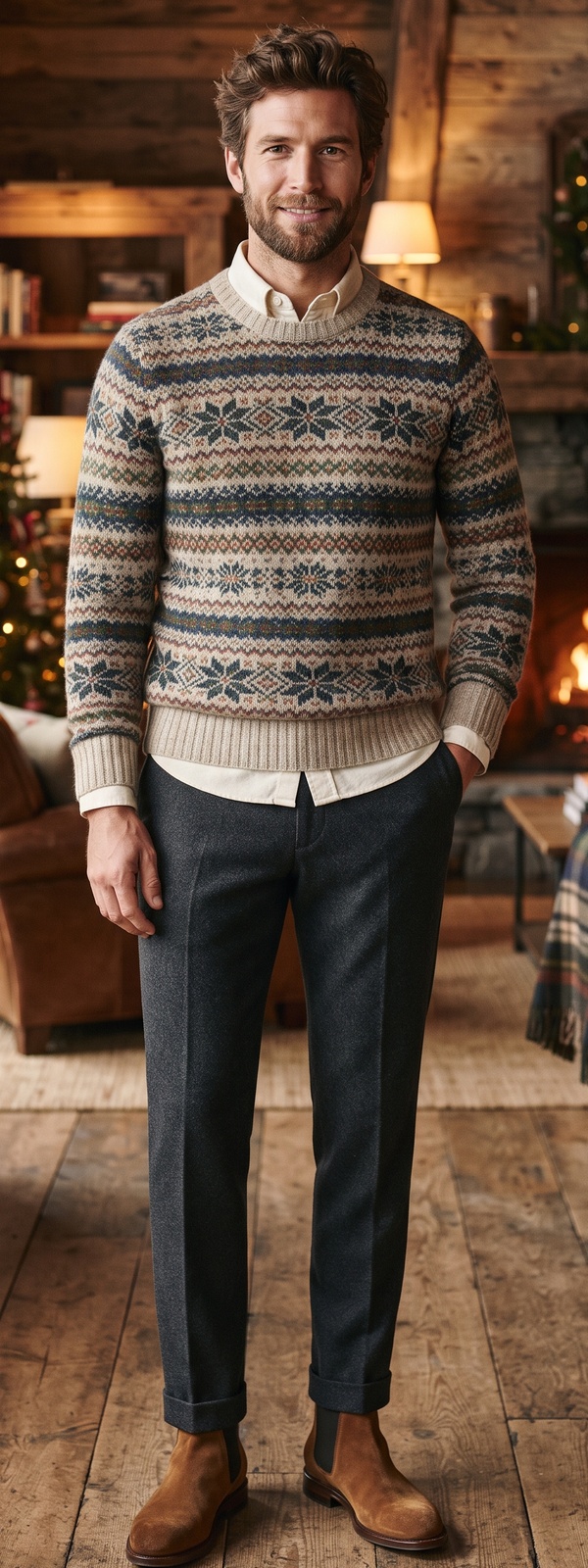 Winter Lodge Oatmeal Fair Isle Sweater and Charcoal Flannel Pants Look