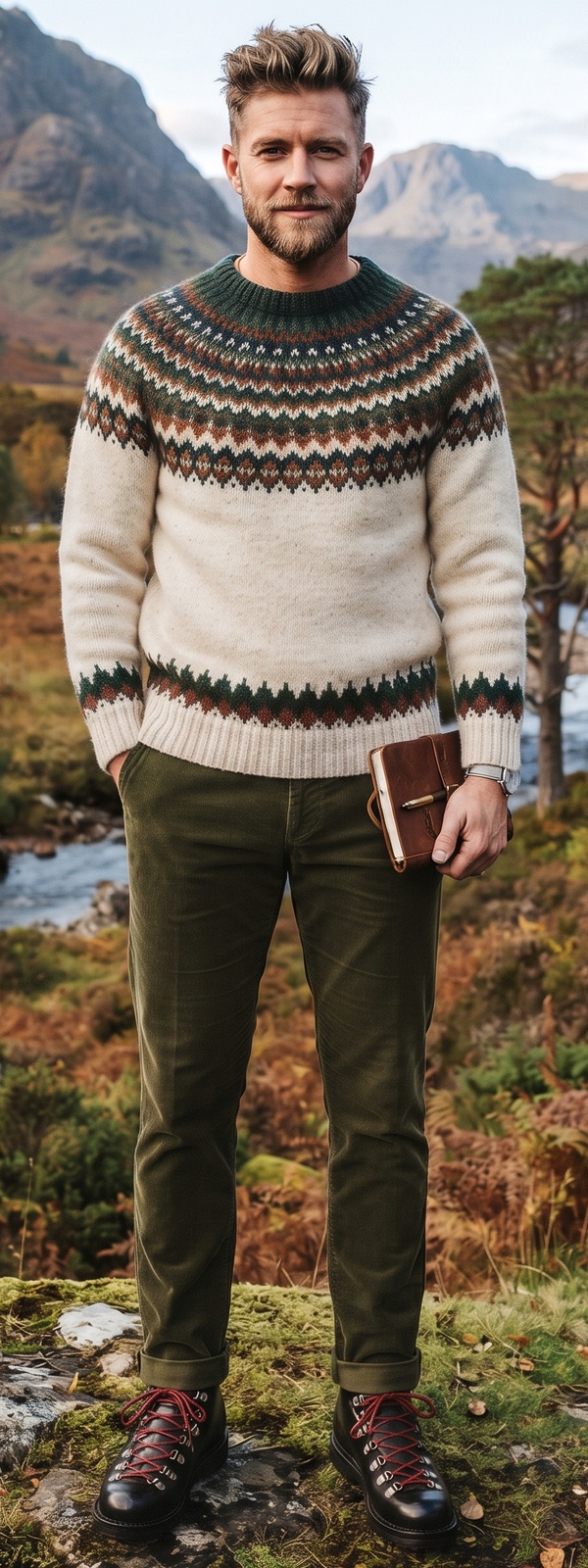 Highland Fair Isle Wool Sweater and Olive Corduroy Pants Look