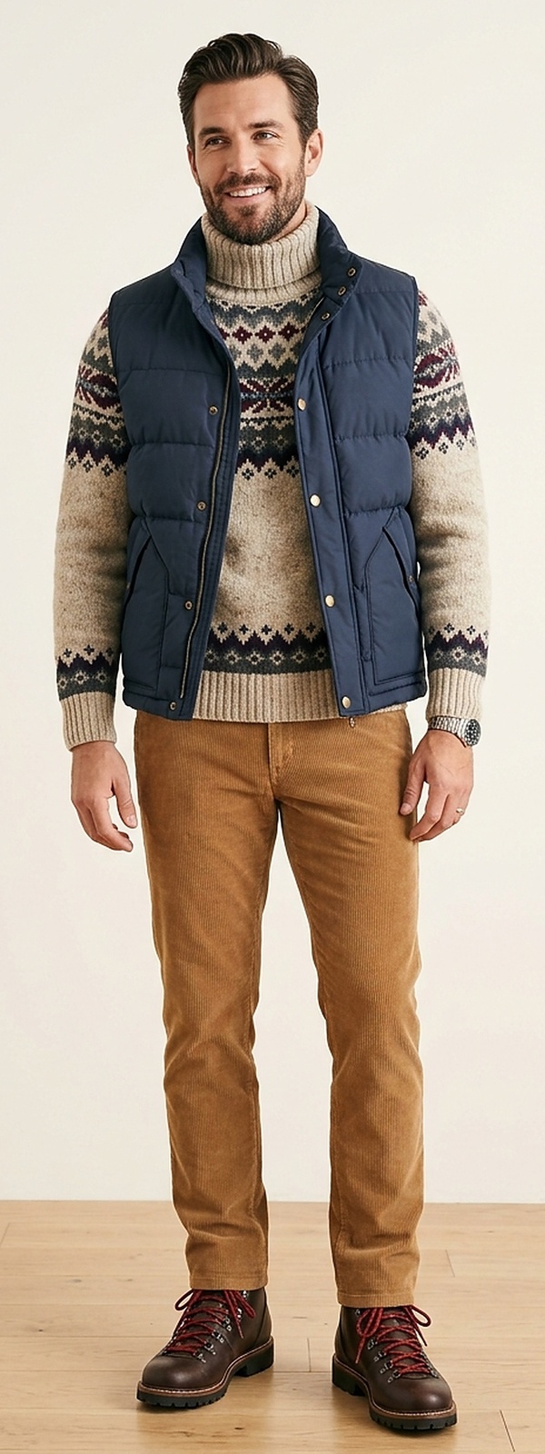 Alpine Après-Ski Fair Isle Turtleneck Sweater with Quilted Down Vest and Corduroy Pants