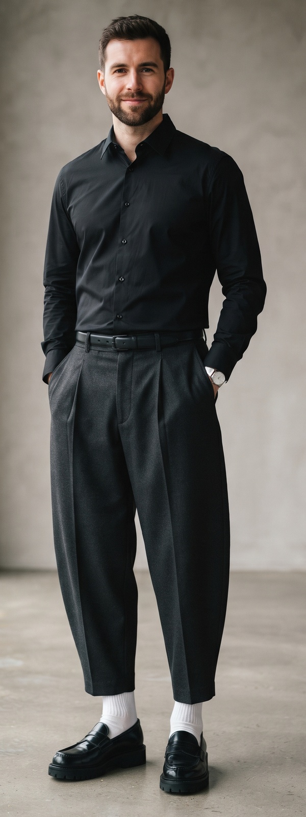 Fitted Black Dress Shirt with Cropped Balloon Pants and Chunky Loafers