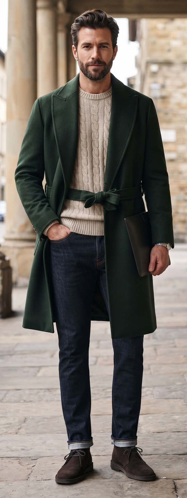 Forest Green Belted Coat, Cable Knit & Dark Raw Jeans
