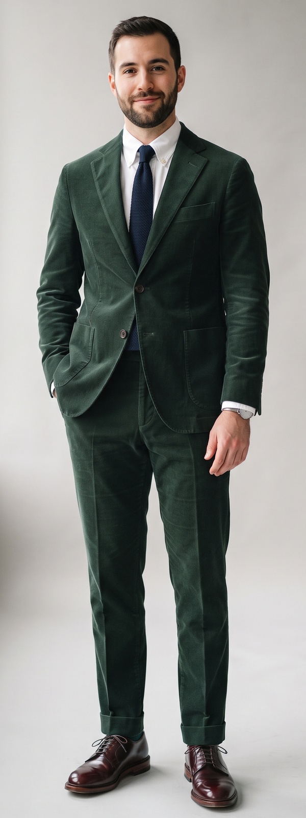 Forest-Green Corduroy Suit With White Oxford Shirt, Navy Knit Tie, and Burgundy Derby Shoes