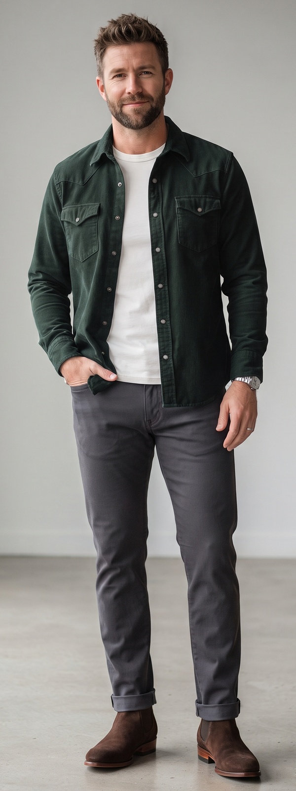 Forest Green Corduroy Western Shirt Over White Tee With Charcoal Pants and Suede Boots