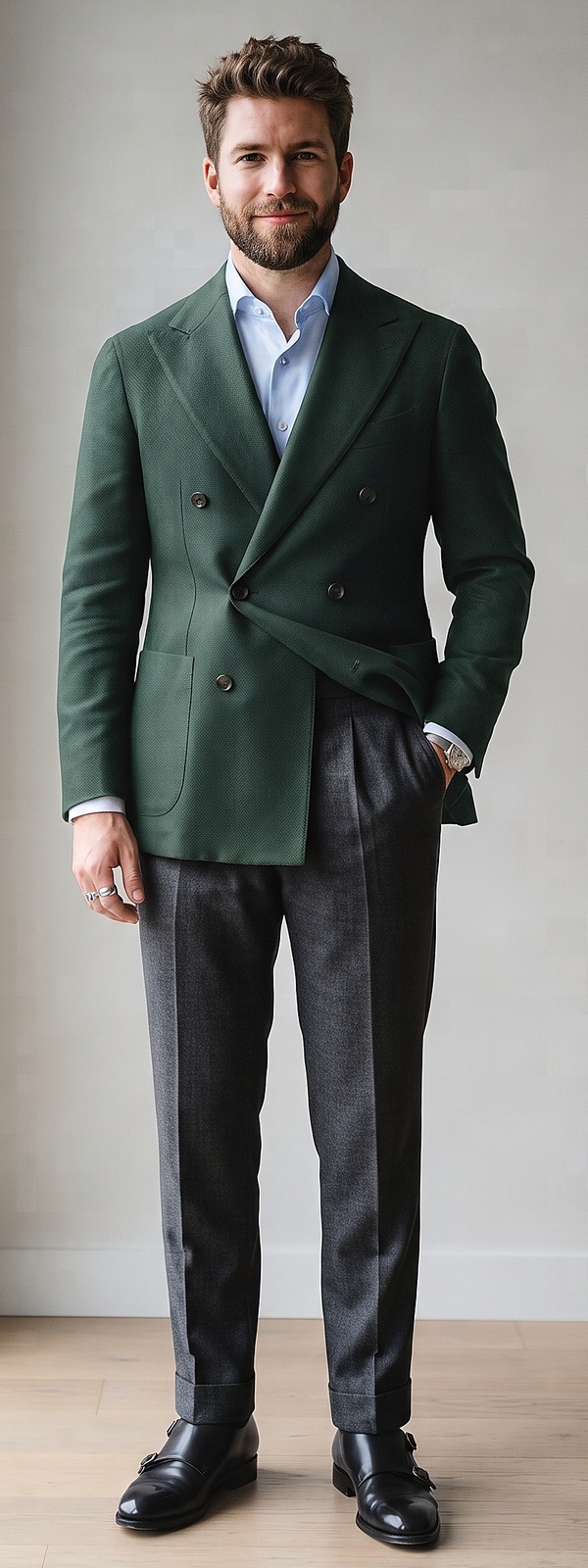 Forest Green Double Breasted Blazer Light Blue Dress Shirt and Charcoal Dress Pants Look