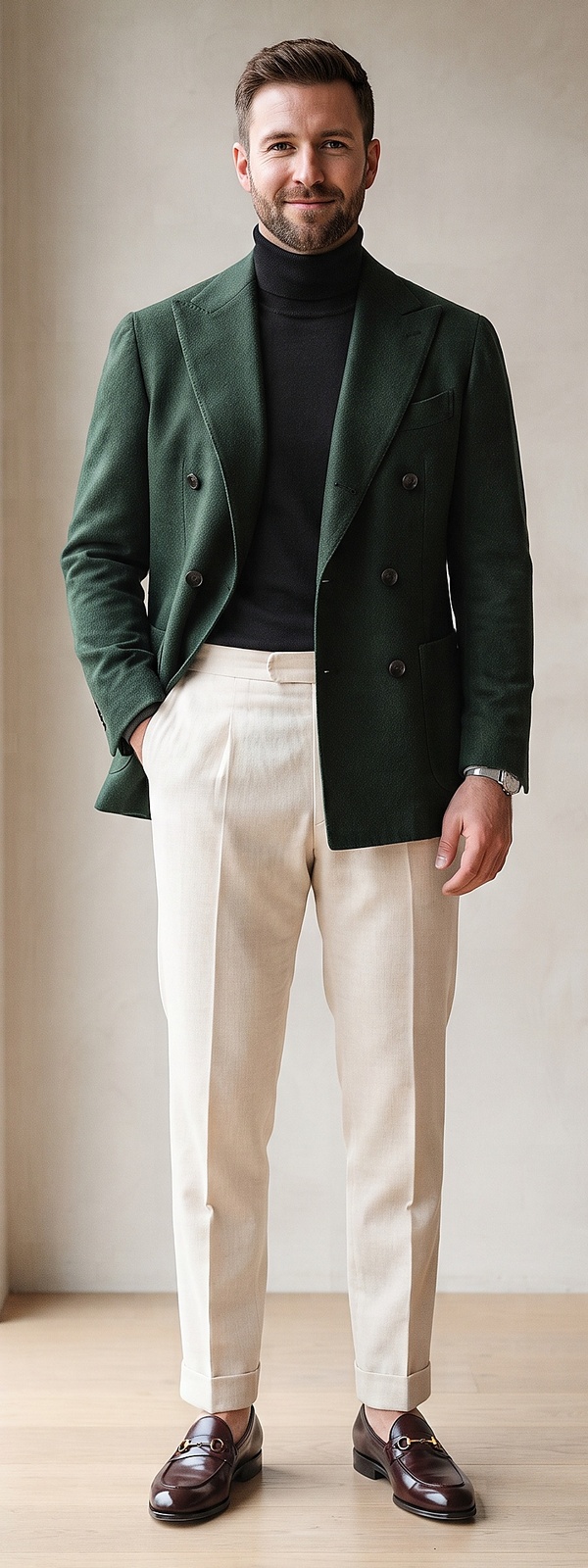 Forest Green Double Breasted Blazer Black Turtleneck and Cream Dress Pants Ensemble
