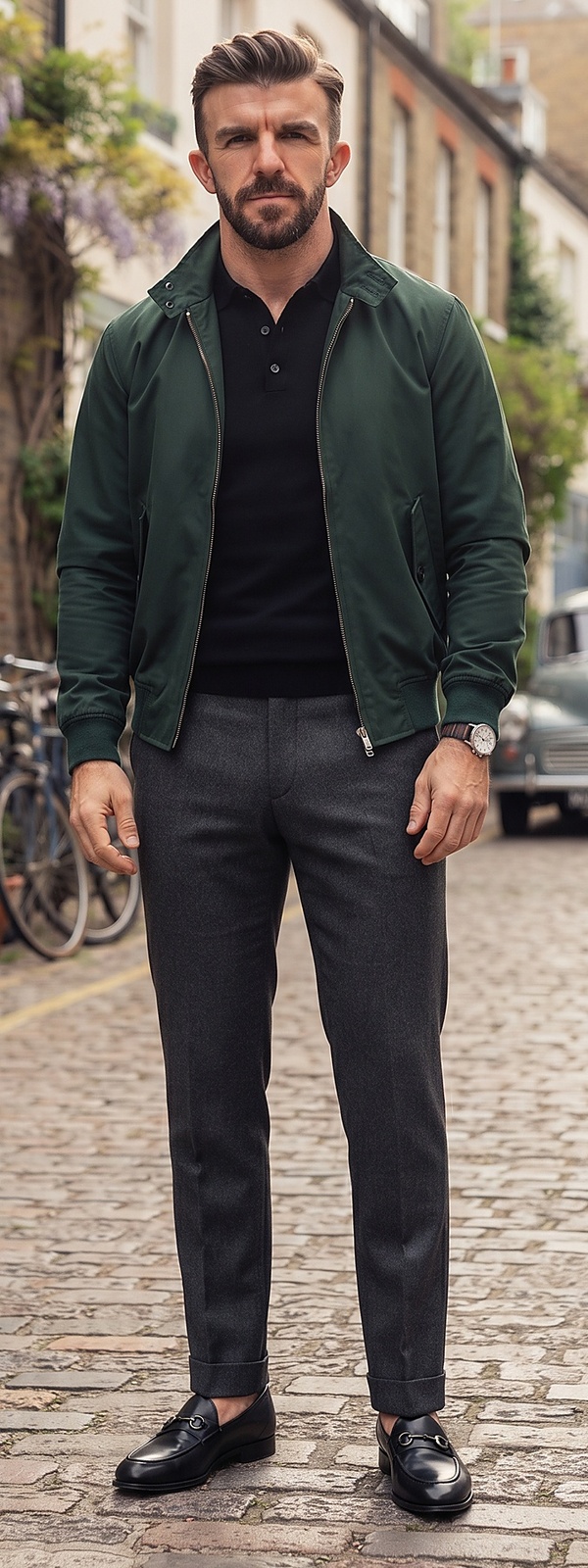 Forest Green Harrington Jacket Black Knit Polo and Charcoal Dress Pants Look