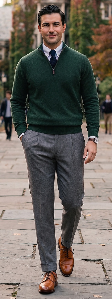 Refined Forest Green Quarter Zip Sweater and Grey Flannel Pants Look