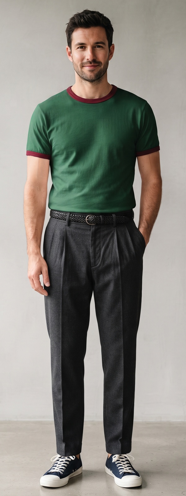 Forest Green Ringer Tee with Charcoal Pleated Dress Pants and Sneakers