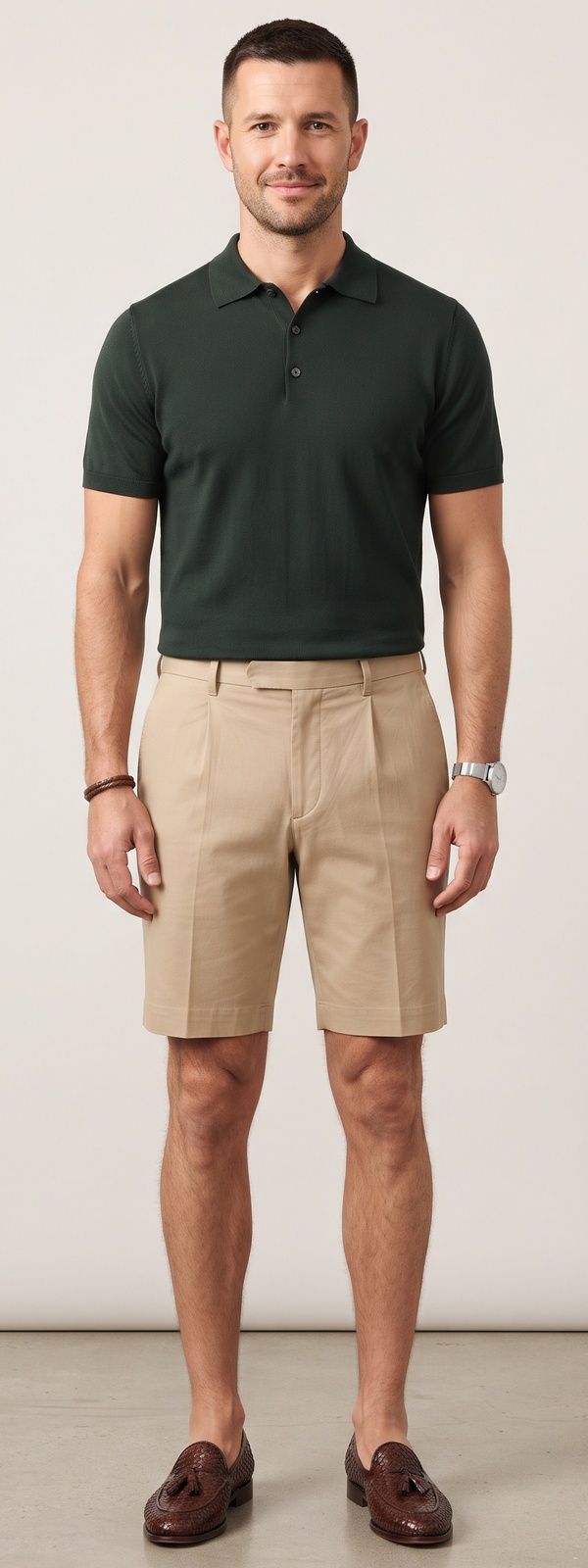 Forest Green Silk Knit Polo and Khaki Pleated Shorts Summer Look