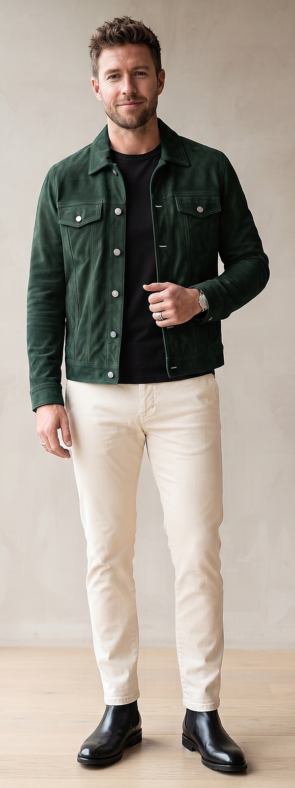 Forest Green Suede Trucker Jacket Black Tee and Cream Chino Pants Outfit