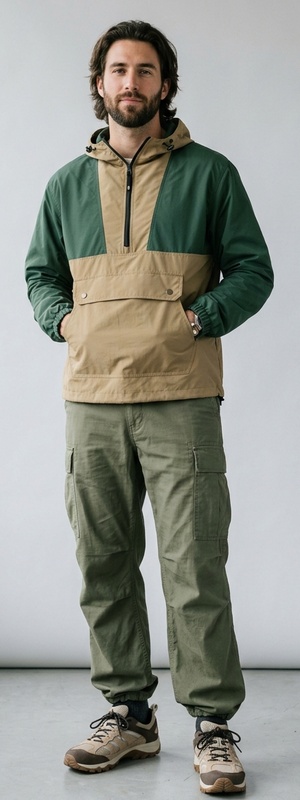 Forest Green and Tan Colorblock Half-Zip Anorak with Olive Cargo Pants and Trail Sneakers