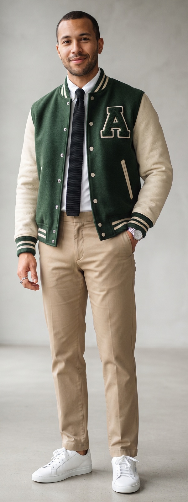 Ivy League Forest Green Varsity Jacket With White Oxford Shirt and Knit Tie