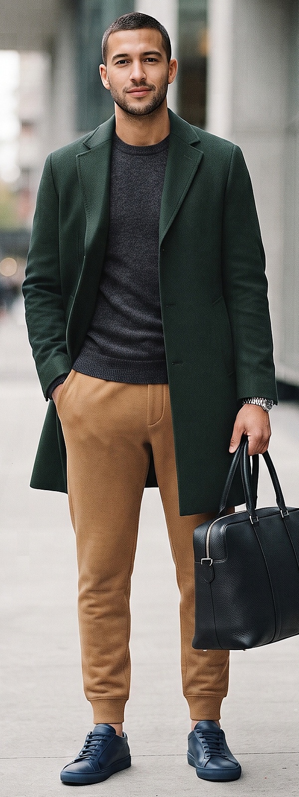 Forest Green Wool Overcoat Charcoal Sweater and Camel Jogger Sweatpants