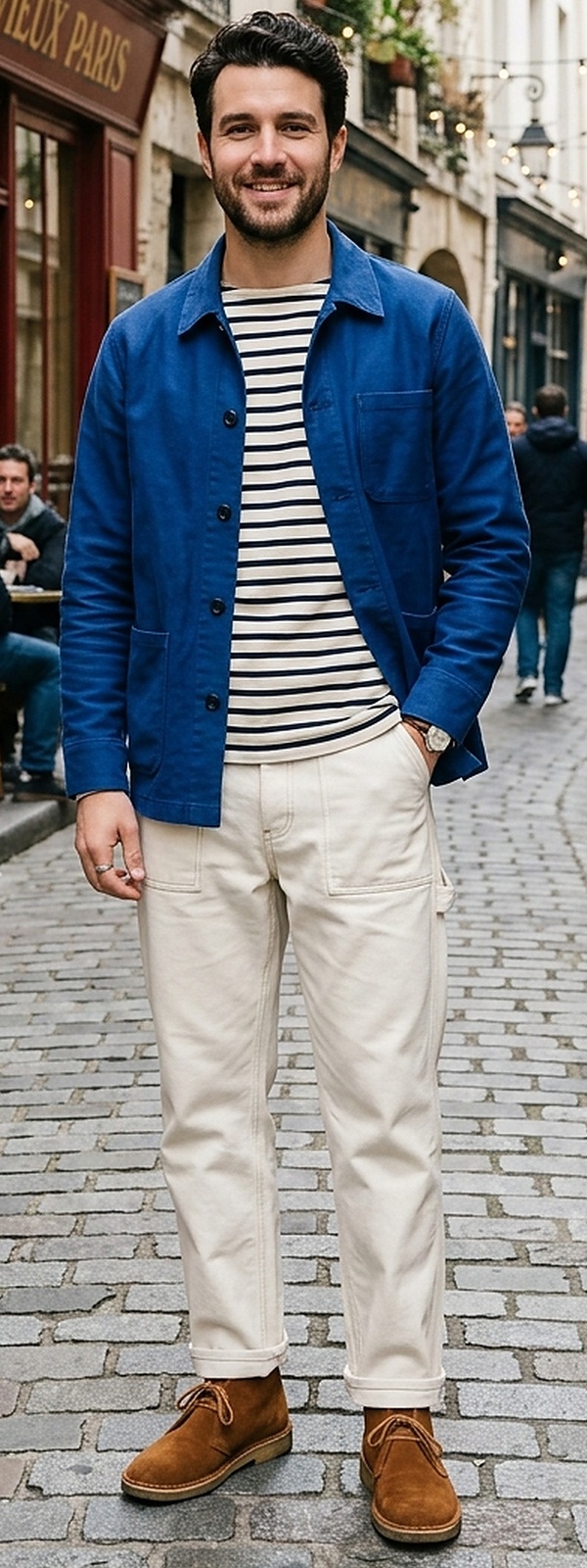 French Workwear Moleskin Chore Jacket and Breton Stripe with Suede Chukkas
