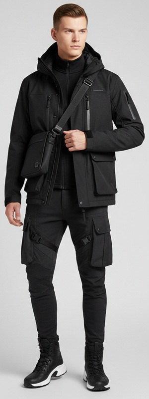 Futuristic Techwear All Black Utility Parka and Cargo Pants Look