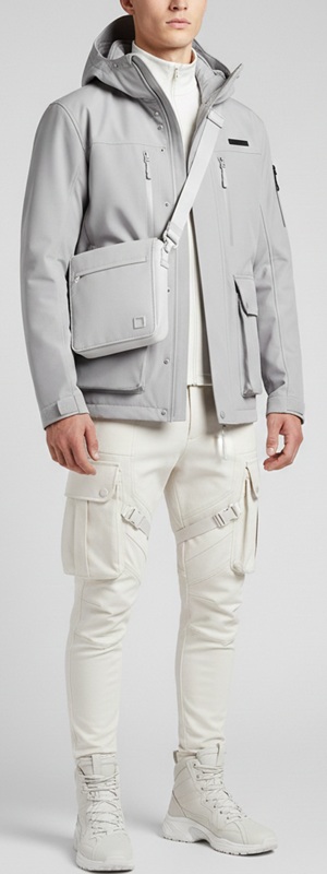 Futuristic Techwear Light Grey Utility Parka and Cargo Pants Look