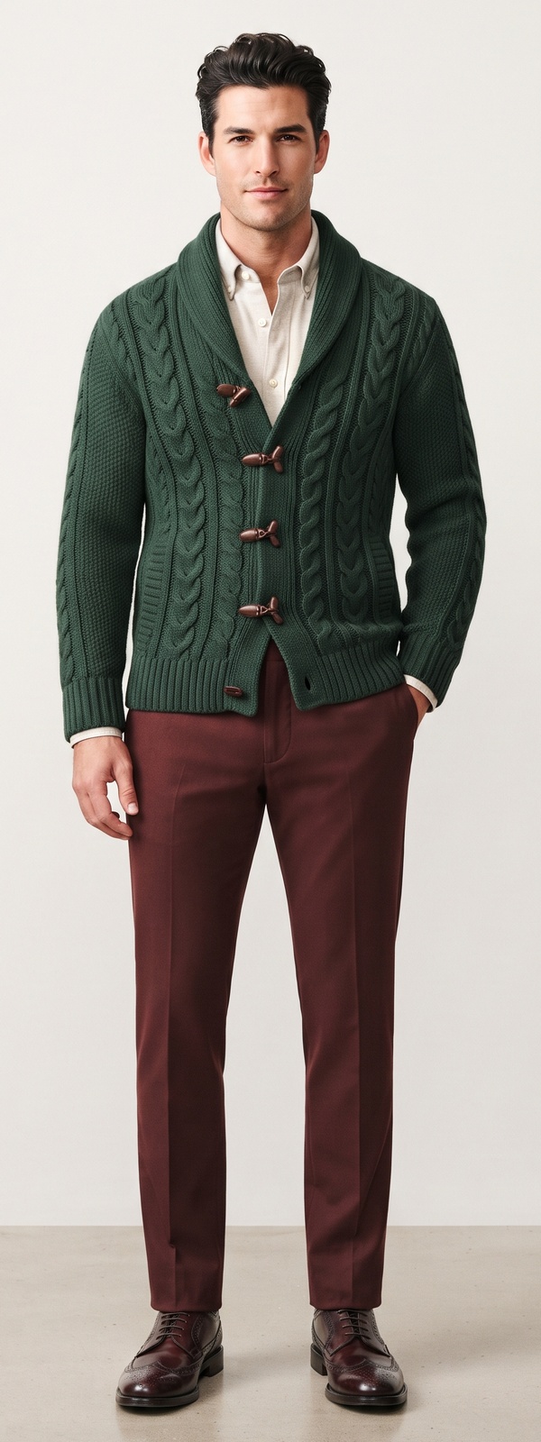 Rustic Forest Green Cable Knit Shawl Cardigan and Burgundy Dress Pants Look