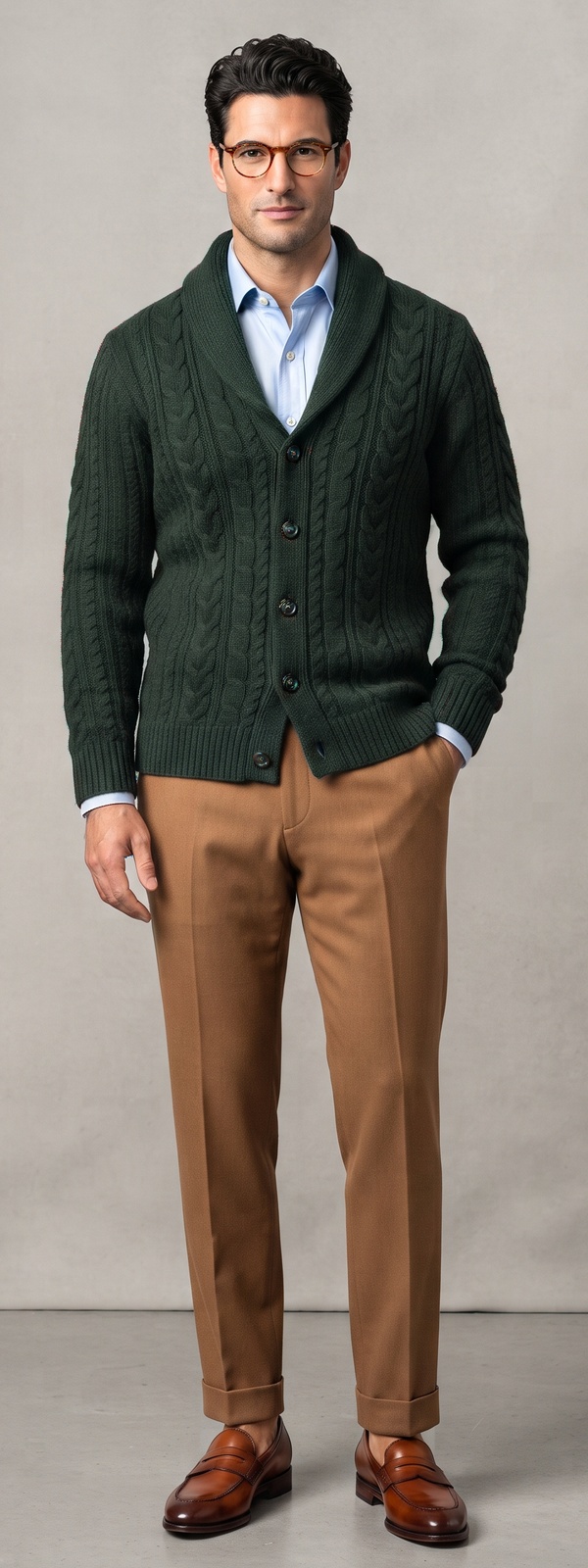 Green Cable Knit Shawl Cardigan Light Blue Shirt and Camel Dress Pants Look