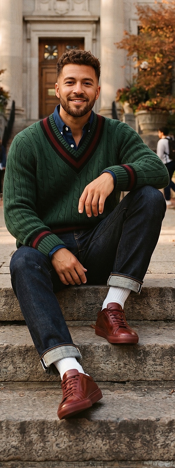 Ivy League Green Cable Knit Cricket Sweater and Selvedge Denim Look