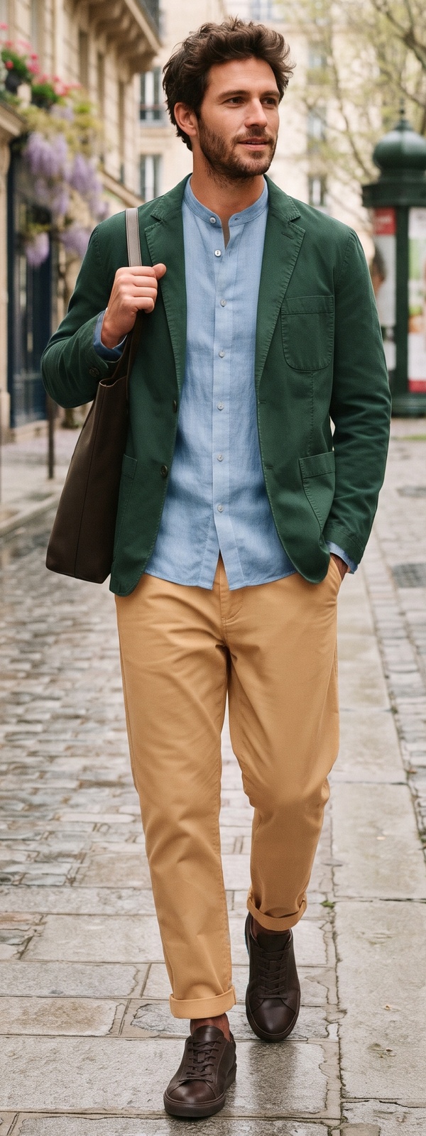 Parisian Green Casual Cotton Blazer and Tan Chino Pants Look