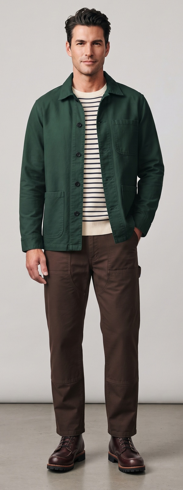 Green Chore Jacket Breton Stripe Knit and Carpenter Work Pants Look