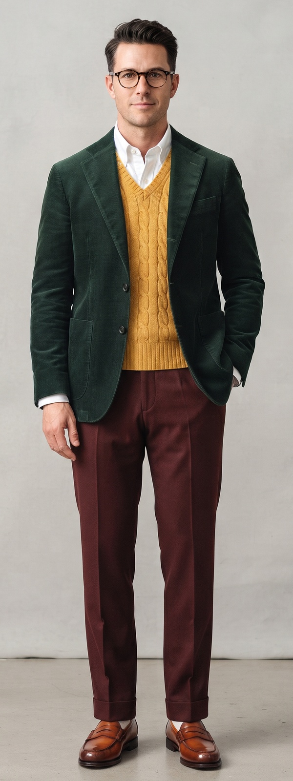 Green Corduroy Blazer Yellow Cable Vest and Burgundy Dress Pants Look