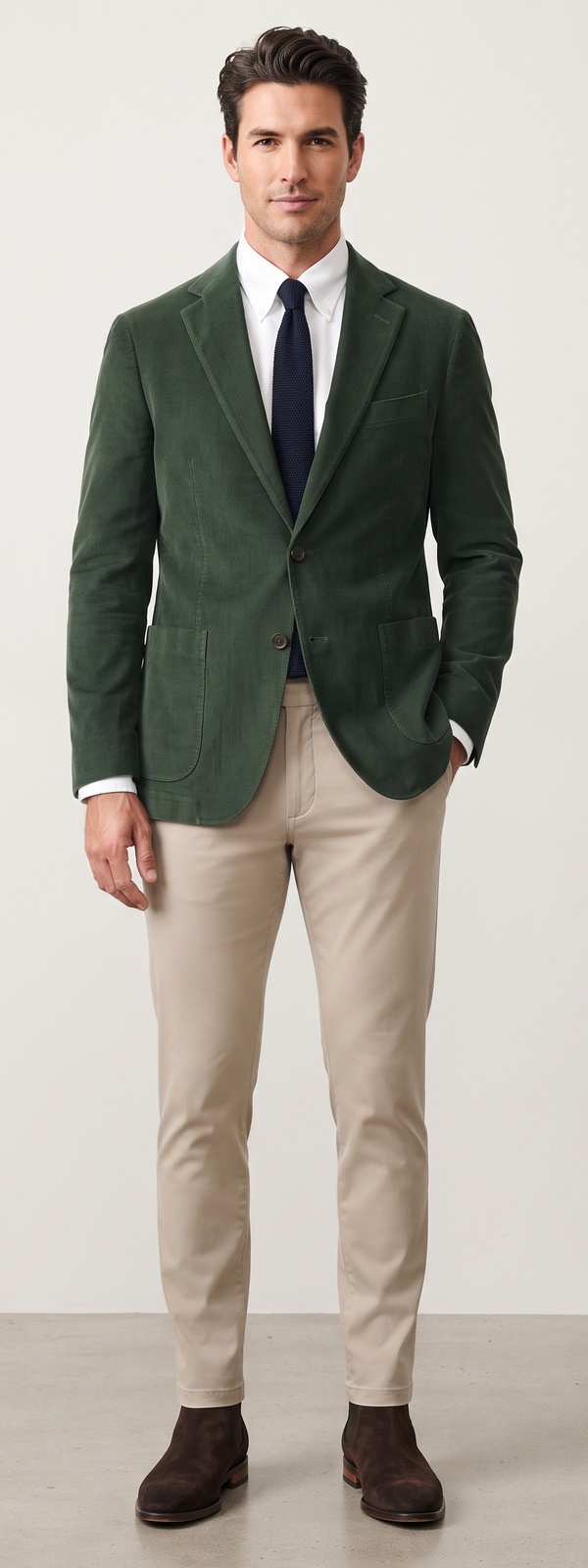Ivy Heritage Forest Green Corduroy Sport Coat Navy Knit Tie and Chinos Look
