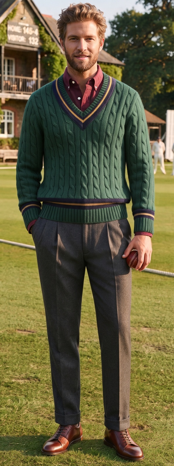 Heritage Green Cable Knit Cricket Sweater and Charcoal Dress Pants Look