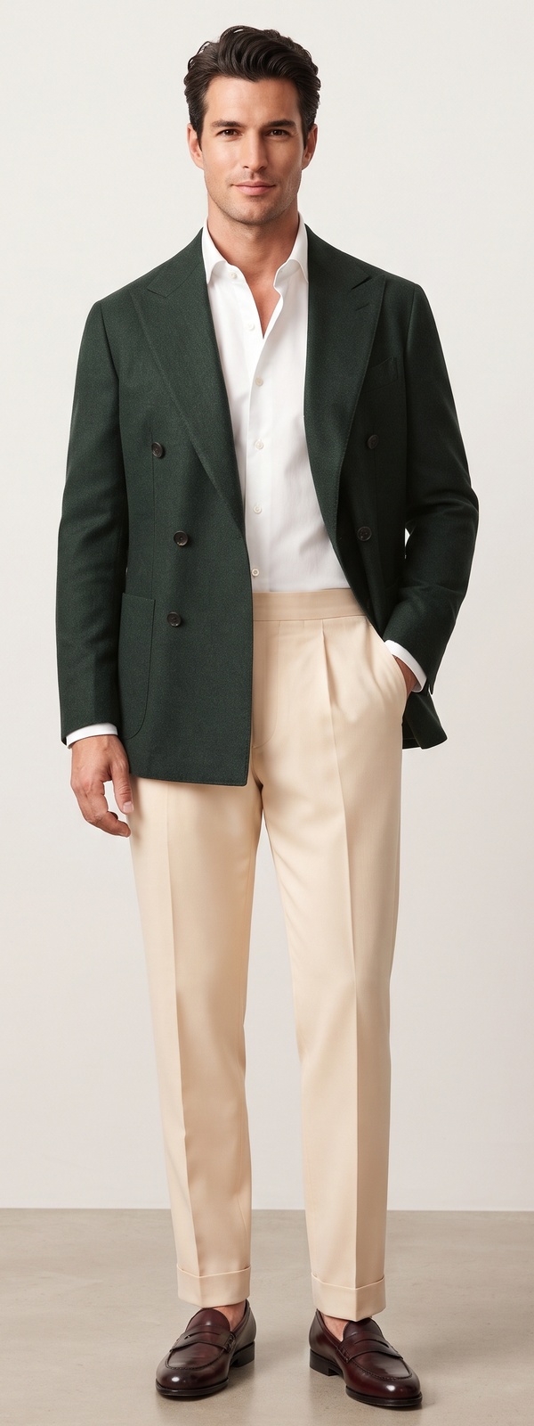 Italian Sprezzatura Forest Green Double Breasted Blazer and Cream Pleated Pants Look