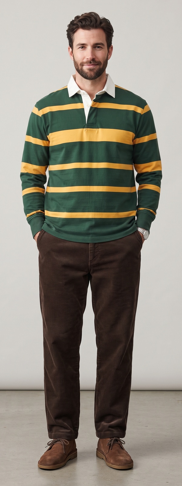 Green and Gold Striped Rugby Shirt with Brown Corduroy Pants